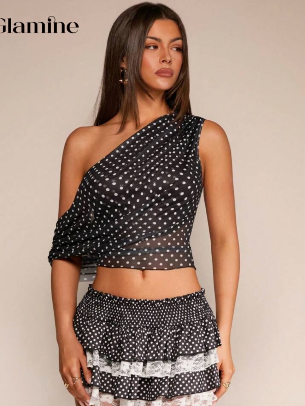 Shein Glamine Elegant Party Mesh Polka Dot Asymmetric-Shoulder - Small